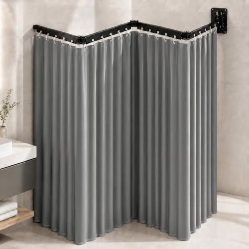 VeftBltrem Duschvorhang ohne Bohren, Faltbare Duschvorhangstange, Eckvorhangstange mit Saugnapf, L-Form U-Form, 120 cm, viergeteiltes Klappdesign, für Eckdusche, Badewanne, Wohnmobil