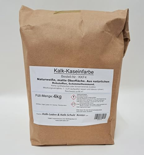 Kalk-Kaseinfarbe. Keine konservierende o. synthetische Zusätze. Schimmelhemmend. 4kg bis 86qm