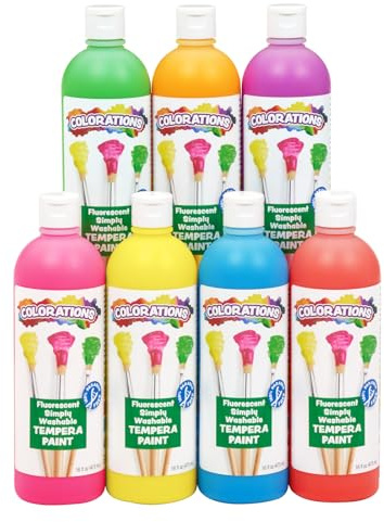 Colorations Washable Tempera Paint, Set of 7, 16 fl oz, Set of 7, Neon, Neon, Non Toxic, Vibrant, Bold, Bright, Kids Paint, Craft, Hobby, Fun, Art Supplies, Black