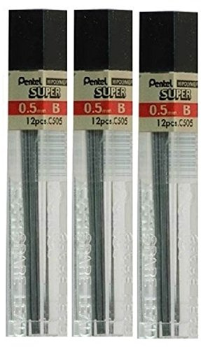 Pentel 0.5mm Size B Shade Hardness Pencil Refill Replacement Spare Leads Hi Pollymer Super for Automatic & Mechanical Pencils (Pack of 3 Tubes - 36 Pieces)