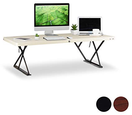 Relaxdays Sitz-Steh-Schreibtisch XXL, höhenverstellbarer Schreibtischaufsatz, ergonomisch, BT: 120x60cm, helle Holzoptik