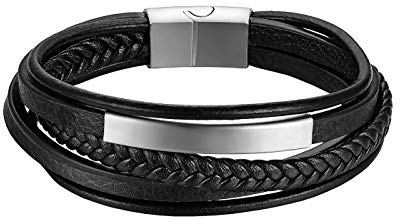 JewelryWe Schmuck Herren Lederarmband, Handgemacht Geflochten Mehrreihiges Leder Armband Edelstahl Magnetverschluss Verstellbar Armreif Manschette für Männer Frauen