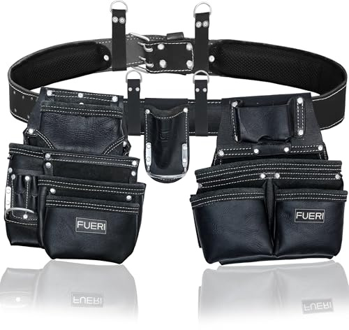 Fueri Leder-Werkzeuggürtel für Herren, robust, langlebig, Schreiner-Werkzeug-Organizer mit 19 Taschen, 2 Taschen, doppeltem Hammerhalter, Hosenträgerschlaufen und einem schaumgepolsterten Gürtel für