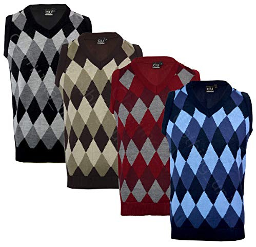 ClothingUnit Mens Argyle V Neck Sleeveless Sweater Jumper Tank Top Jersey Golf Casual S-XXL (S, Blue)
