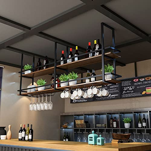 JHGJBJ Deckenregal Weinregal - Hängend Weinglasregal mit Glashalter, 2 Schicht industrielle hängende Weinflaschenhalter, Wein Lagerung Display Regal für Home Bar Esszimmer Küche