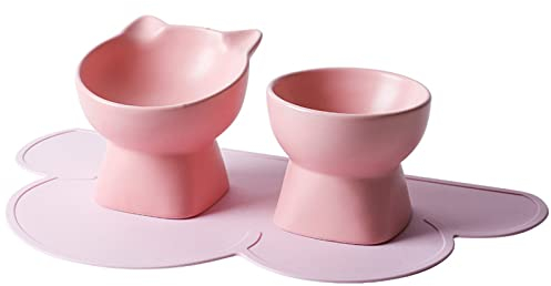 Koomiao Katzennapf, Keramik, geneigt, erhöhter Futternapf für Katzen/Wasser, Katzenschüssel mit rutschfester Matte, schützt Hals und Erbrechen, für Katzen und Welpen (3er-Set, Rosa)