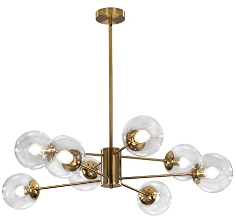 KCO Lighting Modern Sputnik - Lámpara de araña de 8 luces de vidrio transparente con forma de globo de techo de latón de mediados de siglo, montaje empotrado, isla de cocina (dorado + transparente)