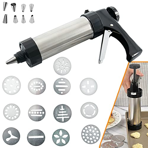 ZENO Stainless Steel Cookie Biscuit Press & Cake Icing Decorating Set with Icing Gun with 13PCS Decorating Configurations