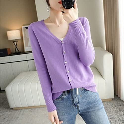 EIBA Strickjacke Damen,Damen Strickjacken Lässig Kurz Einfarbig V-Ausschnitt Knopf Vorne Offen Pullover Strickjacke Herbst Winter Klassisch Basic Langarm Strick Oberbekleidung Mantel,Lila,M