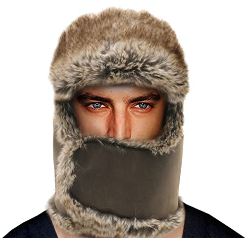 Heavyoff Unisex Kunstleder Sturmhaube Kunstfell Fliegermütze Warme Wintermütze Winddichte Trappermütze Braun Mittel