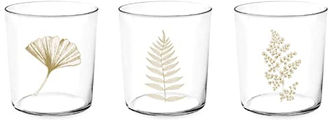 H&H Set de 12 Verres Gold Leaf 350 cc – Verre Ultra-Fin Transparent avec Décorations Dorées – Compatible Lave-Vaisselle (jusqu'à 50°C)