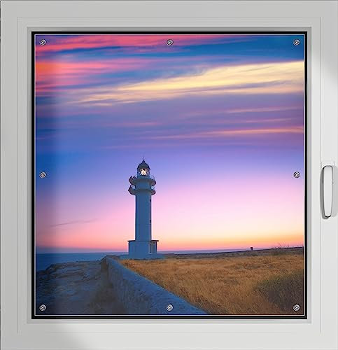 Wallario Lichtschutzbild, Dekorativer Sichtschutz Sonnenschutz 96 x 93 cm mit Motiv: Leuchtturm am Abend auf den Balearen Malerischer Himmel - Verdunklungsrollo ohne Bohren
