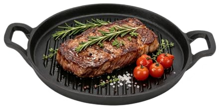 Tissting BBQ Padella per Grigliare in Ghisa, Piastra in Ghisa 0,8 Pollici Nera Rotonda Padella Antiaderente con Doppio Manico Padellas Reversibile per Piano Cottura Elettrico Gas e Griglie Gas(31CM)