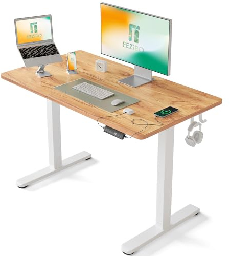 FEZIBO Schreibtisch Höhenverstellbar Elektrisch mit USB-A und USB-C-Ladeanschlüssen,100 x 60 cm,Steh-Sitz-Schreibtisch,Standing Desk,Hellbraune