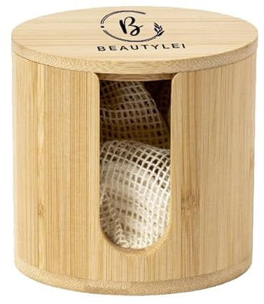 BEAUTYLEI | DISPENSER CONTENEUR DISCHETTI STRUCTURES BAMBOO, AVEC N° 10 Lingettes en coton lavables BambU