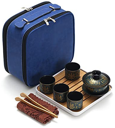 Service à thé de voyage portable, ensemble de théière en céramique chinoise infuseur à thé en céramique fait à la main ensemble de thé Kungfu avec sac de rangement soupière à thé bleue 8 ensemble