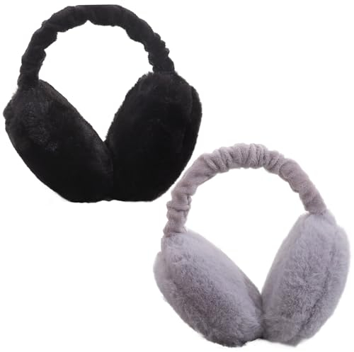 Wedhapy Ohrenschützer Für Damen 2 Stück Faltbar Verstellbar Plüsch Winter Thermo Ohrenwärmer Niedlich Winddicht Einfarbig Für Den Außenbereich Schwarz + Grau