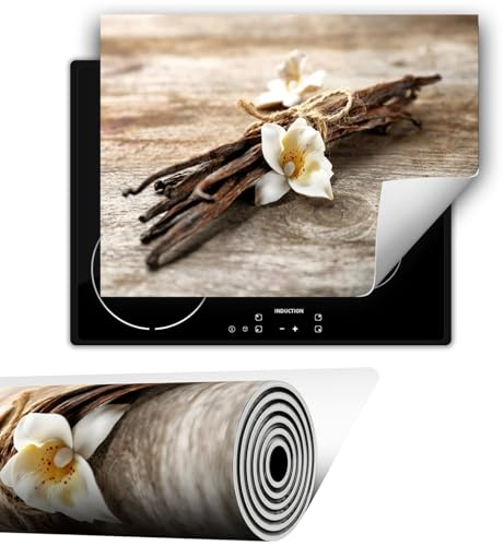 TMK ArtDeko Herdabdeckplatte 1 teilig 80x52 cm Küche Herdabdeckung Ceranfeld Herdabdeckplatten Anti Rutsch Matte Aufrollbar, Blume Holz