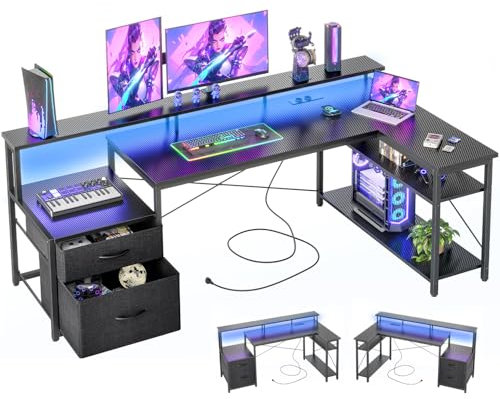 BEXEVUE Bureau d'angle LED Prises Courant – 165x80cm Ergonomique Bureau Forme L, 2 Tiroirs Etagères Rangement Réversibles, Grand Support Ecran, Moderne Table Ecriture pour Etudier Jouer Chambre Maison