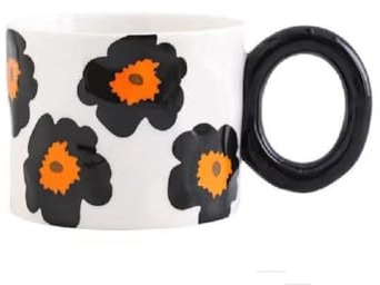 FülleMore Blumenmuster Kaffeetasse Kaffeebecher 400ml Keramik Kakaobecher Süße Teetasse Milchbecher Geburtstag,Valentinstag,Weihnachten,Geschenk für Frauen Mutter Oma Tochter (Schwarz)