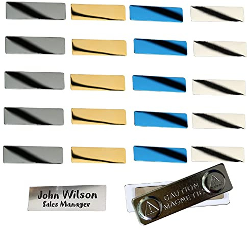 IKIER 20 Stück Namensschilder Magnetisches, 2 x 7 cm Leeres Metall Namensschild Abzeichen für Lasergravur Personalisiert Laserhandwerk (Silber, Gold, Blau, Schwarz x 5)