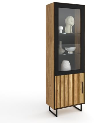 möbelando Vitrine >Eddie< in Eiche/schwarz, Eiche teilmassiv - 54x197x40cm (BxHxT)