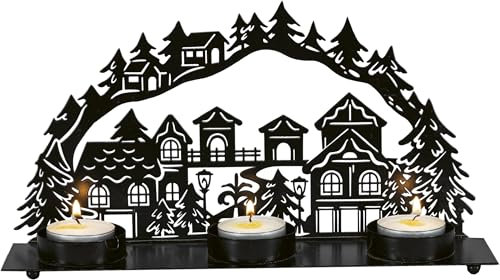 HGD Holz Glas Design - Arco de luces de metal con 3 velas de té - Tamaño: 28 x 6,3 x 14 cm - Decoración navideña festiva - Decoración de mesa mágica - Detalles encantadores