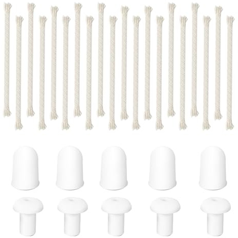 WATUNID 20 Stück Lampen-Docht für Öllampen, 150x6mm, 5 Dochtköpf, Kappen | 20 Dochte 15x0,6cm + 5 Keramikdochte + 5 Kappen, natürliches Baumwollmaterial, stabil, flexibel, gleichmäßige Brennleistung