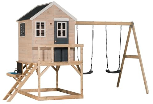 Wendi Toys M27G-K Stelzenhaus mit Doppelschaukel & Spielküche – Spielhaus Holz-FSC Kinder Outdoor 192×405×242 cm – Kletterturm mit Sandkasten & Plattform 90 cm, Grau