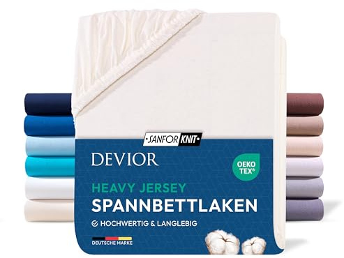 Devior Heavy Jersey Spannbettlaken 180x200cm - 200x200cm, 100% Baumwolle, Split Topper bis 10cm, Natur – 160 g/m² Anti-Statisches, atmungsaktives Bettlaken mit Einlaufschutz, Matratzenbezug