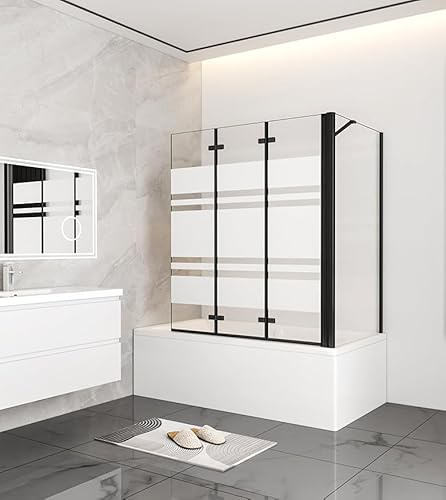 Aica Sanitär Badewannenaufsatz Eck Duschwand Badewanne 3-tlg.Faltwand mit Seitewand 6mm Nano Glas,H140cm,130x80cm,Schwarz Rahmens,Streifenglas