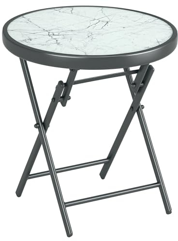 Outsunny Beistelltisch Klappbar Gartentisch Rund 45 x 45 x 50 cm Weiß | Klapptisch aus Glas, Kleiner Campingtisch, Runder Sofatisch, Balkontisch, für Balkon Terrasse Wohnzimmer Büro