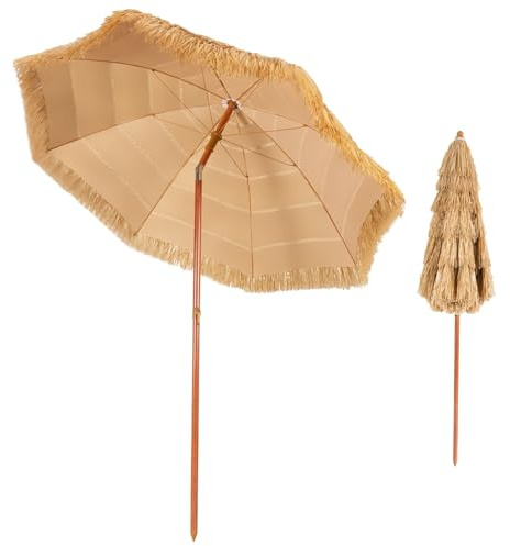 FANTASK 175 cm Sonnenschirm, beidseitig um 30° knickbar, Hawaii Strandschirm. Reisstroh Marktschirm, Strohschirm für Balkon, Garten, Terrasse, Strand (Gelb)