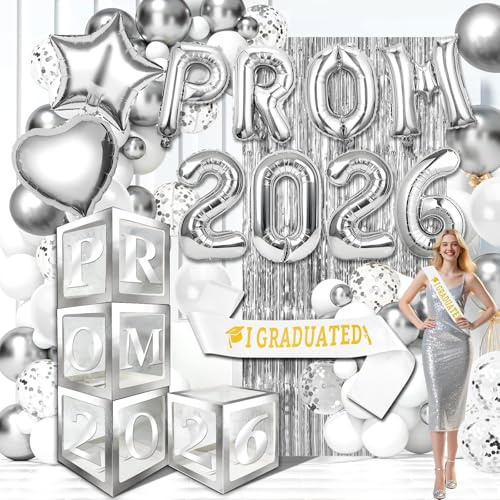 Creerluces Silver 2025 bal ballonglådor baldekorationer 2025 med silvergardin, examensband, för gymnasiet högstadiet examensdekorationer 2025 bal ballonglådor med bokstäver