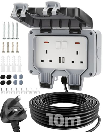 Olutula Outdoor Socket 10m Extension Lead 2 USB Ports Outdoor Double Socket Waterproof IP66 13Amp Weatherproof Outdoor Sockets Switch Indicator Light Wall Electrical Outlet Socket Box for Garden