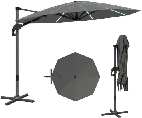 Outsunny Alu Ampelschirm LED Solar Ø300cm Höhenverstellbar Dunkelgrau | Sonnenschirm mit Kurbel Ständer, UV50+, Wasserabweisend, 360° drehbar, Marktschirm, Neigbar, Gartenschirm, Sonnenschutz
