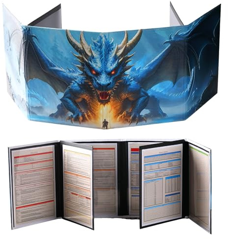 Spielleiterschirm Gift für TTRPG DND DM,8 Abwischbaren Kunstledereinsätzen | Fantasie Embossed Blue Dragon DND Screen,PU Leather,Spickzetteln,Dungeon and Dragons Accessories,Organisierte Aufbewahrung