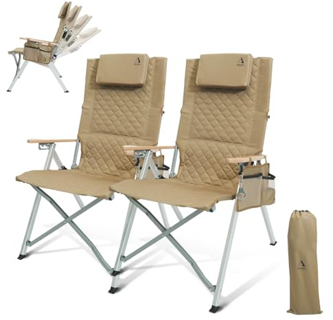ARURU Campingstol, trädgårdsstol högt ryggstöd justerbar 4 positioner fällbara stolar ledstång av trä vadderad med sidoficka fiskestol utomhus för camping trädgård balkong (kaki, 2 st)