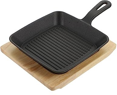 OUNONA Nera Padella Quadrata con Base in Legno, in Ghisa