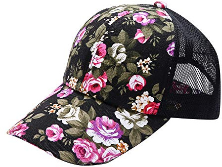 Yubenhong Druck Damenschutzmütze Blume Sun Baseball Baseballmütze Indianapolis Cap 7 5/8 (Black, One Size)