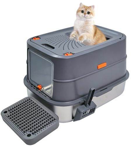 BingoPaw Acciaio Inox Lettiera per Gatti Chiusa Antiodore, Facile da Pulire | XXL Toilette per Gatti Aperto 3 in 1 per gatti di peso inferiore a 10 kg, con Paletta, Antiaderente