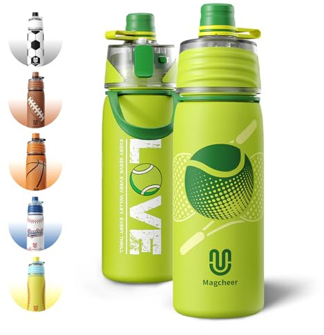 magcheer Insulated Tennis Water Bottle with Spray Mist 3D Textured Metal Spray Water Bottles for Kids Back to School Supplies Incredible Tennis Gifts for Boys & Girls 600ml