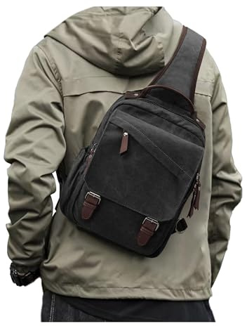 VENATIN Sac Homme Bandouliere Toile Sac de Poitrine Homme petit sac a dos homme pour Voyage Sports de Plein Air,travail,L'école,Noir