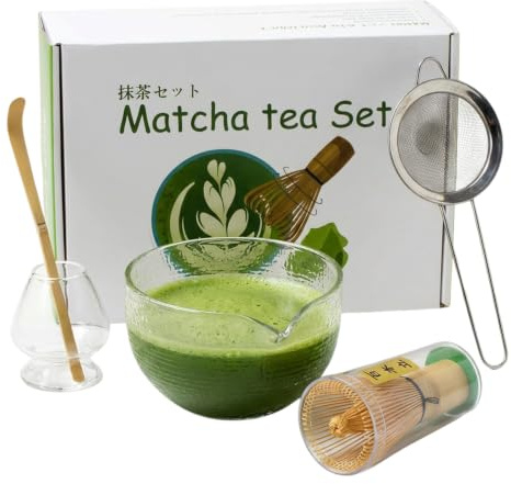 Matcha Set 5 Pcs, Traditional Matcha Whisk Set, Bamboo Whisk and Matcha Bowl Set with Spout, Complete Matcha Kit with Matcha Tea Set Accessories, Ideal Matcha Making Mixer Gift