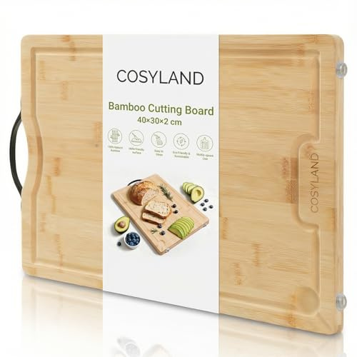 COSYLAND Tabla de Cortar de Madera para Cocina, Cutting Board Preaceitada con Ranura para Jugos, con Patas Antideslizantes y Asa, Apta para Carne, Pan y Verduras, 40×30×2 cm, Color Natural