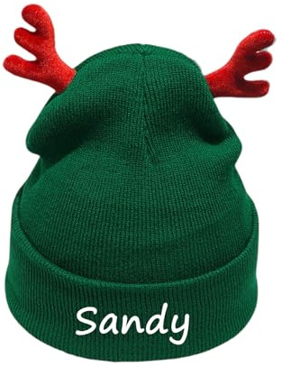 Generisch Personalisierte Strick Weihnachtsmütze Nikolausmütze mit Name und Weihnachtsdekoration mit Rentierhörnern Weiche Nikolausmütze für Xmas Party und Winterfeiern