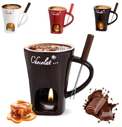 Chocolate Fondue Mug with Forks, 200ml Chocolate Fondue Melting Cup,Ceramic Chocolates Melting Cups Set,Melting Chocolates Love Cup for for Hot Chocolate,Cheese, Dip, Birthday Gift(Coffee)