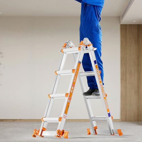 LANOVA LITE A Frame Ladder,Multi Position 4 Step Ladder with Stabilizer Bar & Wheels,330 lbs Security Load 14FT Extension Ladder for Stairs Home Indoor Outdoor Roof