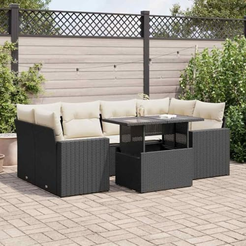 QJBSAVVA 7-TLG. Garten-Sofagarnitur Schwarz Poly Rattan Balkonmöbel Set mit verstellbarem Couchtisch 100 x 55 cm Modernes Lounge Design für kleine Balkone Terrasse Garten
