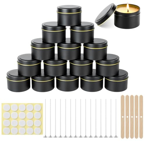 HOCUCHELAND 15 Piezas Tarros de Vela para Hacer Velas, 120ml Recipientes para Velas con Tapas, Kit para Hacer Velas con Núcleo de Vela, Pegatina, Barra de Mezcla para DIY, Joyas, Cosméticos (Negro)